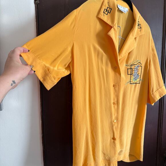 90s Vintage BLUE ICE Silk Western Embroidered Beaded Short Sleeve blouse Size 12 - Picture 3 of 6